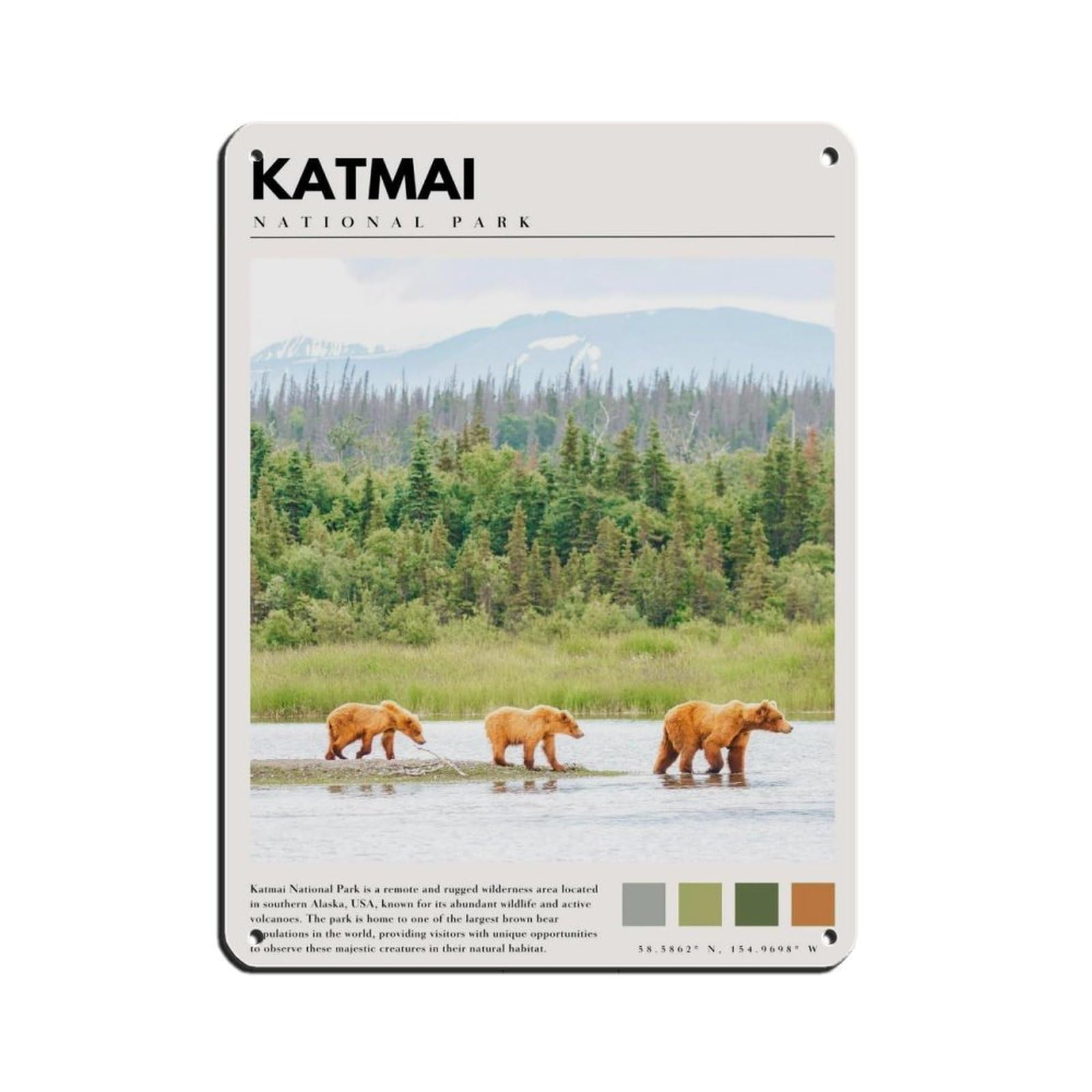 Katmai National Park Poster Katmai Alaska Bear Tin Sign Vintage Metal Pub Club Cafe Bar Home Wall Art Decoration Poster Retro 12x16inch(30x40cm)