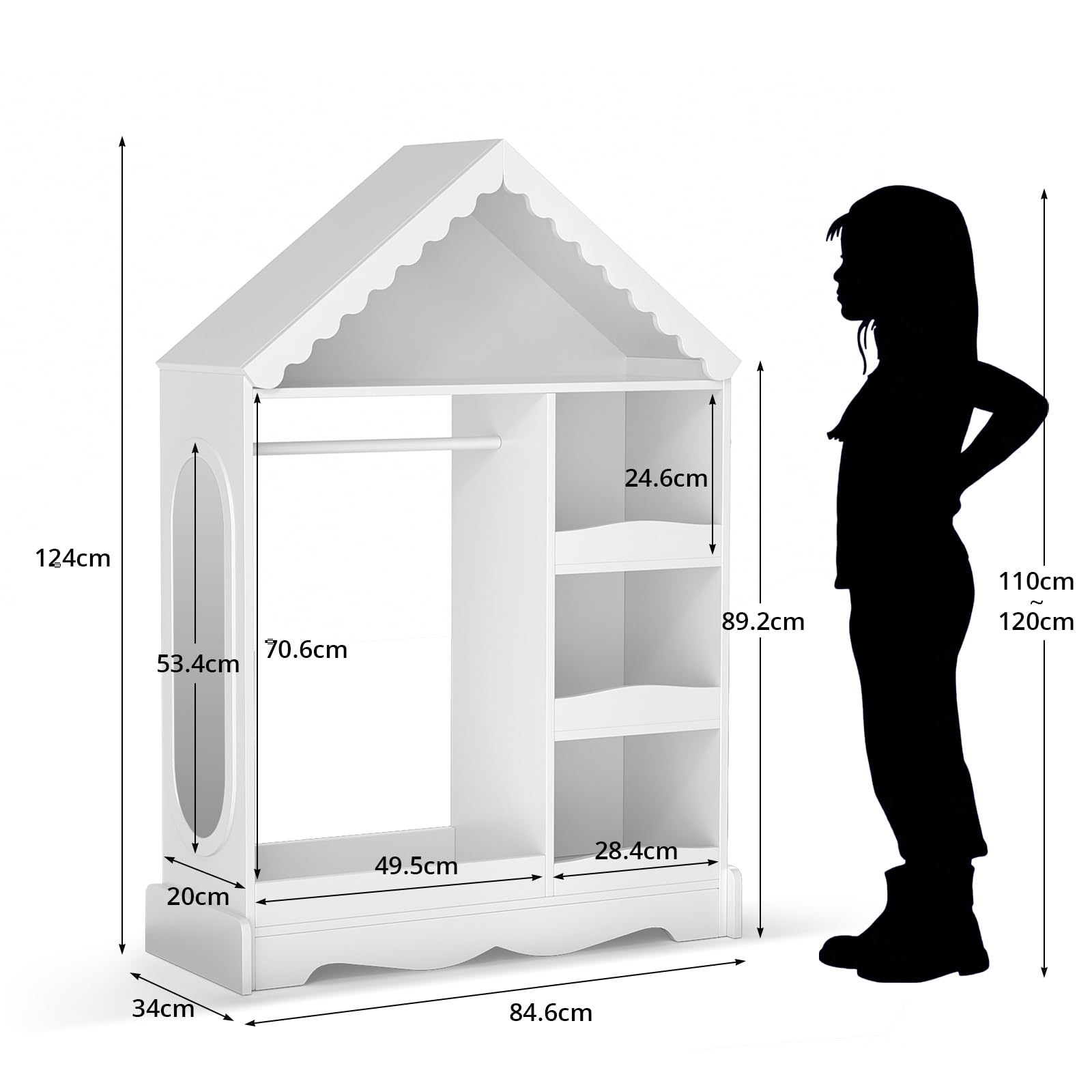 VOWNER Kinder Kleiderschrank in Hausform, Kindergarderobe mit Spiegel, Kleiderstange, kleiderständer, Regalen & Haken, Weiß