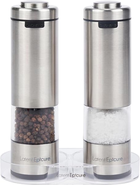 Electric Salt and Pepper Grinder Set, USB-C Rechargeable Stainless Steel Mills with LED Light, Adjustable Ceramic Grinders and Acrylic Mill Rest Tray - 1
