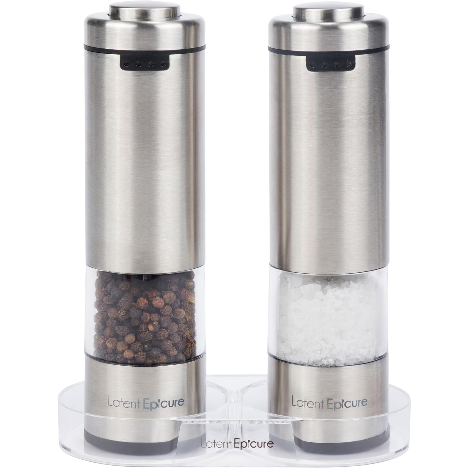 Electric Salt and Pepper Grinder Set, USB-C Rechargeable Stainless Steel Mills with LED Light, Adjustable Ceramic Grinders and Acrylic Mill Rest Tray