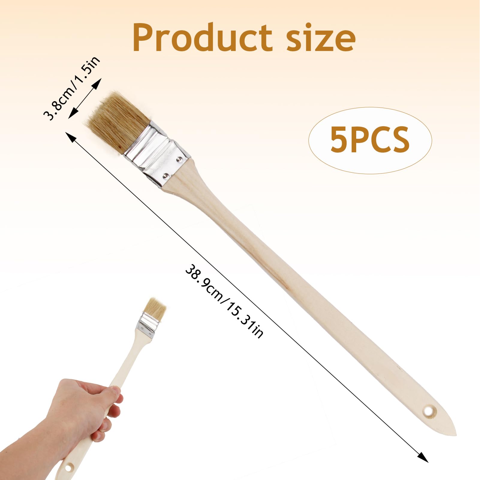 Lot de 5 pinceaux coudés de 40 mm avec long manche en bois pour radiateur pour couper et bordurer, mélange de poils synthétiques et naturels pour murs, garnitures, meubles, clôtures, zones étroites