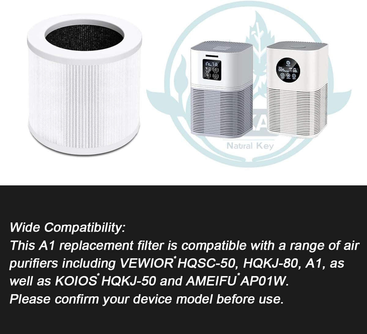 HQSC-50 Replacement filters for vewior air purifier filter,a1 replacement filter for VEWIOR Air Purifier Filter Replacement-HQKJ-80, AMEIFU AP01W, KOIOS HQKJ-50, 3-in-1 HEPA Air Cleaner Filter,1 pack - Image 3