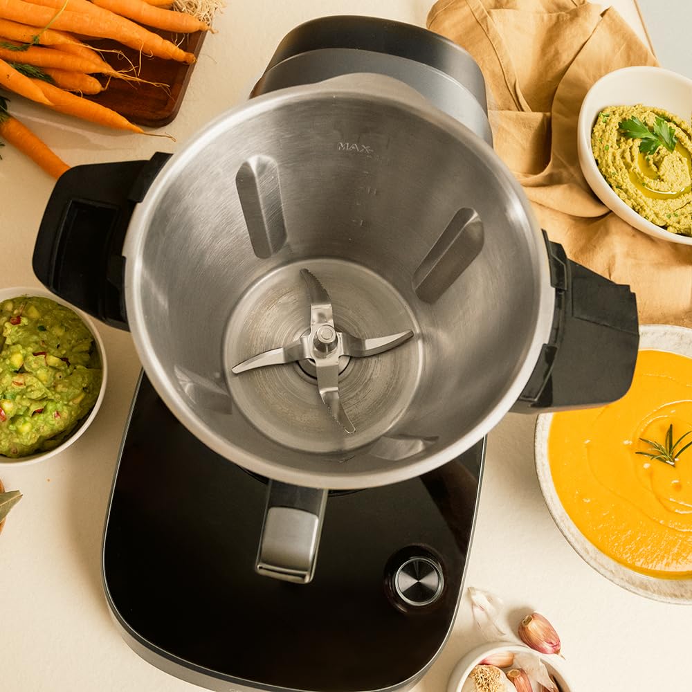 Cecotec Robot da Cucina Multifunzione con dispenser alimentare Mambo CooKing Unique. 2200 W, 45 funzioni, migliaia di ricette guidate, brocca unica da 5 l, accessori: vaporiera o pala per stufati