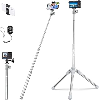 K&F Concept 67''/170cm All in One Smartphone Selfie Stick Tripod, Lightweight Portable Selfie Stick with Bluetooth Remote, Eccentric Tube Tripod for Phone DSLR Camera Gopro E224A3+BH-18 Silver