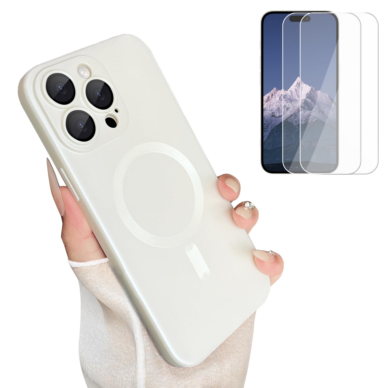 Magnetic for iPhone 14 Pro Max Phone Case for Women, [Compatible with MagSafe] Matte Soft Metallic Design with Lens Protectors and 2 Screen Protectors for iPhone 14 Pro Max 6.7"-White