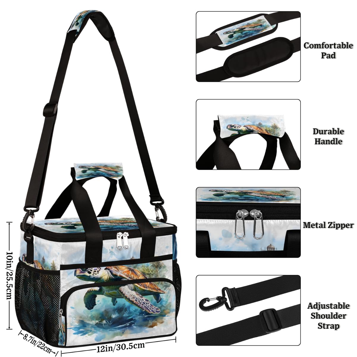 Marine Life Insulated Picnic Backpack Lunch Box for Women Men Picnic Basket Tote Lunch Bag Picnic Bag Portable Lunch Bags for Picnic, Beach, Work, Trip,Office, Camp Watercolor Turtle