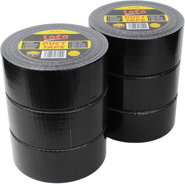 Black Duct Tape - Pack of 6-48mm x 50m Extra Strong Adhesive Water Resistant Gaffer Tape, Heavy Duty Sticky Cloth Tape by Loco