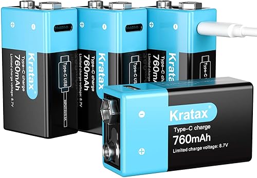 Kratax Baterías de litio recargables USB de 9 V, paquete de 4 baterías de iones de litio de 9 voltios de alta calidad de 760 mA6840 mWh, con cable