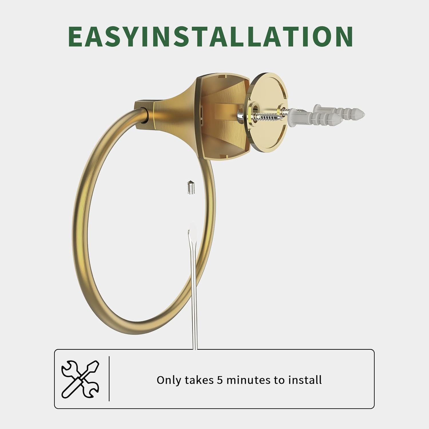 Hand Towel Holder for Bathroom Brushed Gold Towel Ring Stainless Steel and Zinc Alloy Towel Hanger Wall Mount for Bath, Kitchen, 2 Pack