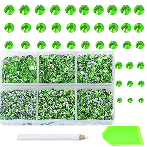 AD Beads 4500 Pieces Hotfix Rhinestones Flat Back 6 Sizes (2-6 mm) Crystal Round Glass Gems with Tweezers and Picking Rhinestones Pen or Crafts Nail Face Art Bags Clothes Shoes DIY (Peridot)