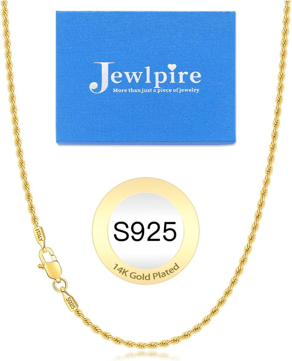 Jewlpire 14K Gold Plated 925 Sterling Silver Chain Necklace for Women Men, 1.5mm Rope Chain Dainty & Sturdy Women's Chain Necklaces 16 18 20 22 24 26 Inch