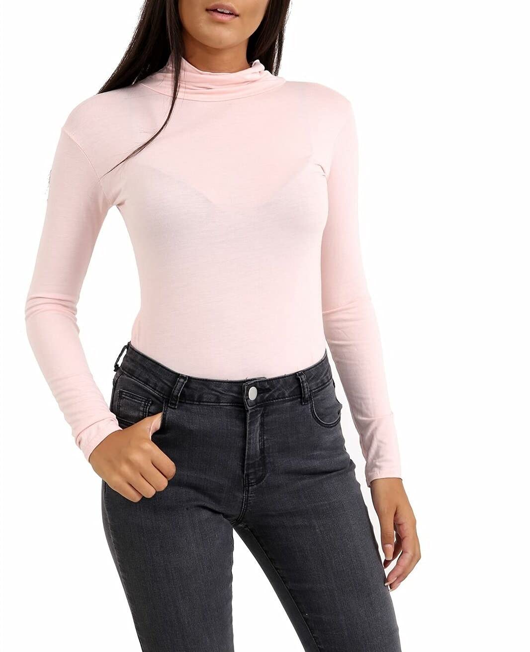 Ladies Women Basic Long Sleeve Plain Polo Turtle Neck Ladies Stretch Plus Size Top T Shirt (Nude, XXL)