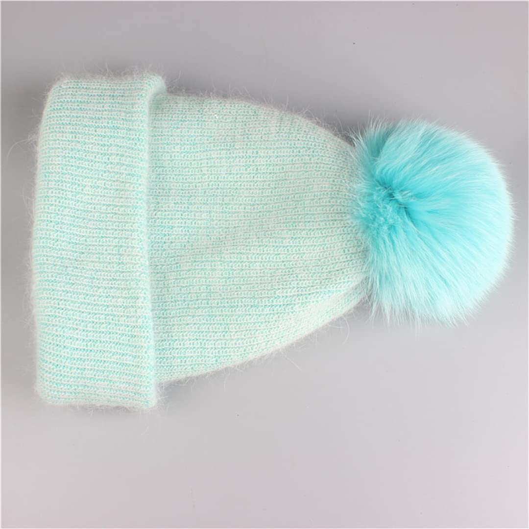 Gorro de Invierno de Piel de Conejo con Gorro de Piel con pompón para Mujer, Gorro cálido para Mujer Black Fur 2 One Size