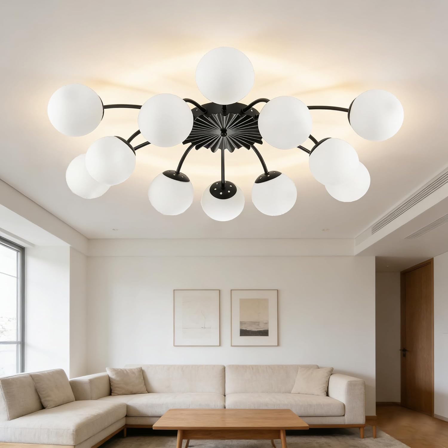 12-Light Sputnik Chandelier - Black & White Opal Glass Bubble Flush Mount | Modern Blossom Ceiling Light for Dining Room, Bedroom, Living & Entry