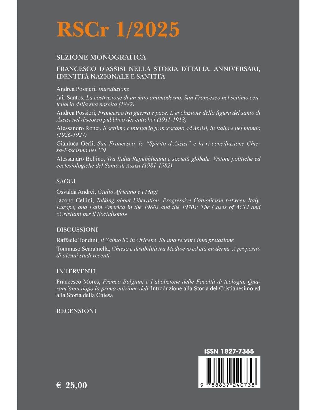 Rivista di storia del cristianesimo. Francesco d'Assisi nella storia d'Italia. Anniversari, identità nazionale e santità (2025) (Vol. 1)