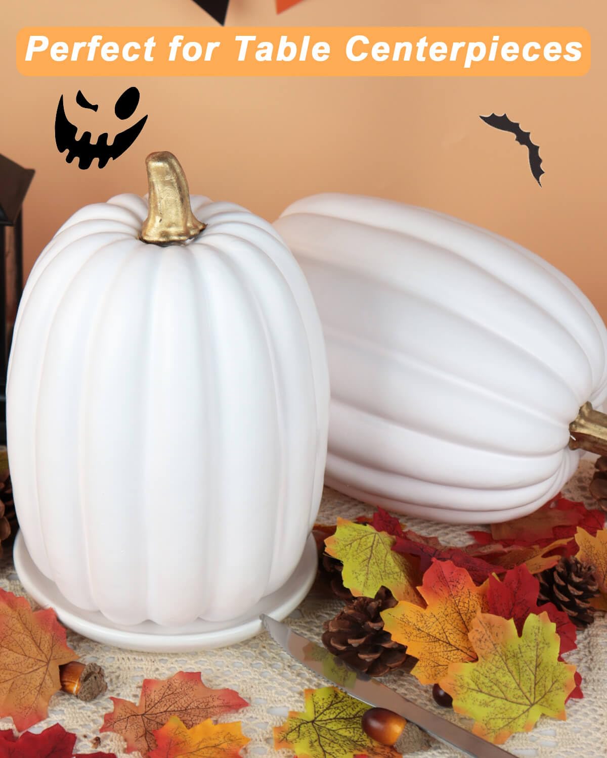 vensovo Calabazas blancas grandes de 8.5 pulgadas para decorar, 2 calabazas decorativas de espuma grande para decoración de otoño, calabazas artificiales pintables, perfectas para decoración de