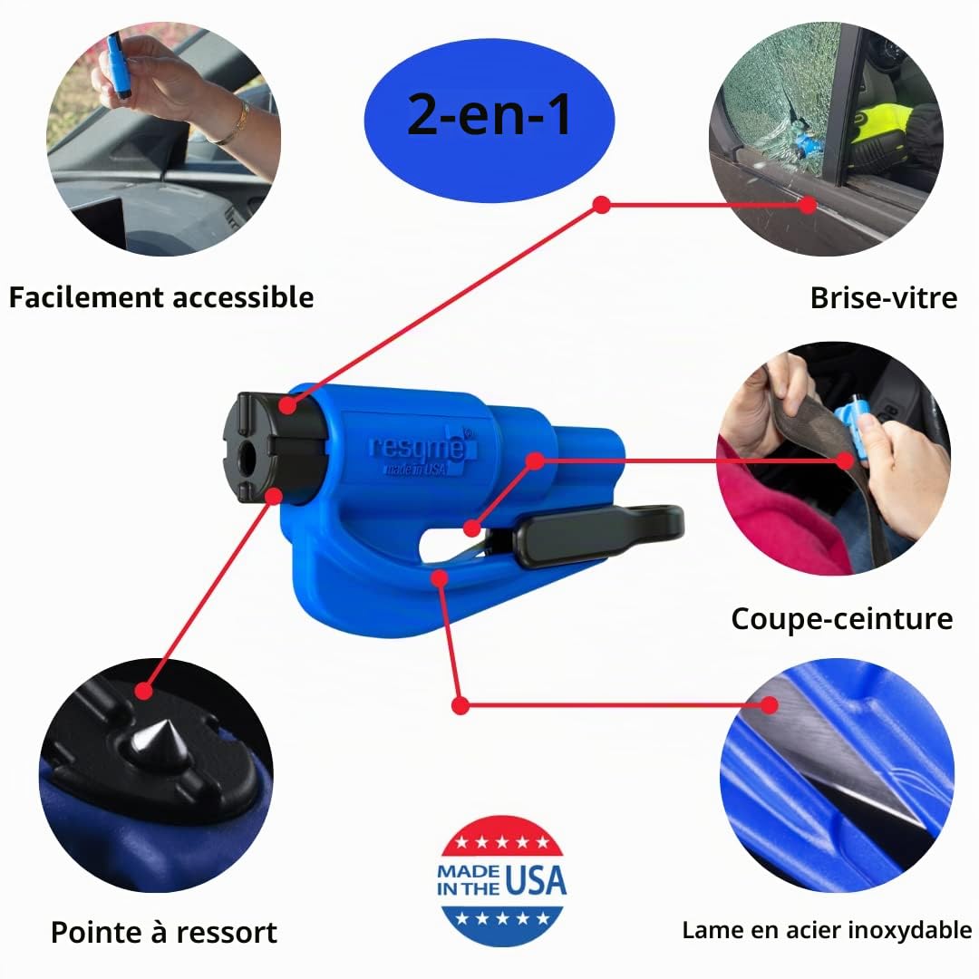 RESQME Porte-Clés Sécurité Voiture, Brise-Vitre et Coupe-Ceinture, Marteau d’Urgence, Fabriqué aux États-Unis, Lot de 6, Bleu et Rouge