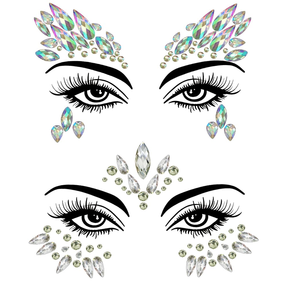 Face Gems Stick Jewels for Women Cosplay Mermaid Halloween Rave Party Makeup Hair Eye Body Gems Jewels Temporary Tattoos Festival Stickers 2 Sheets