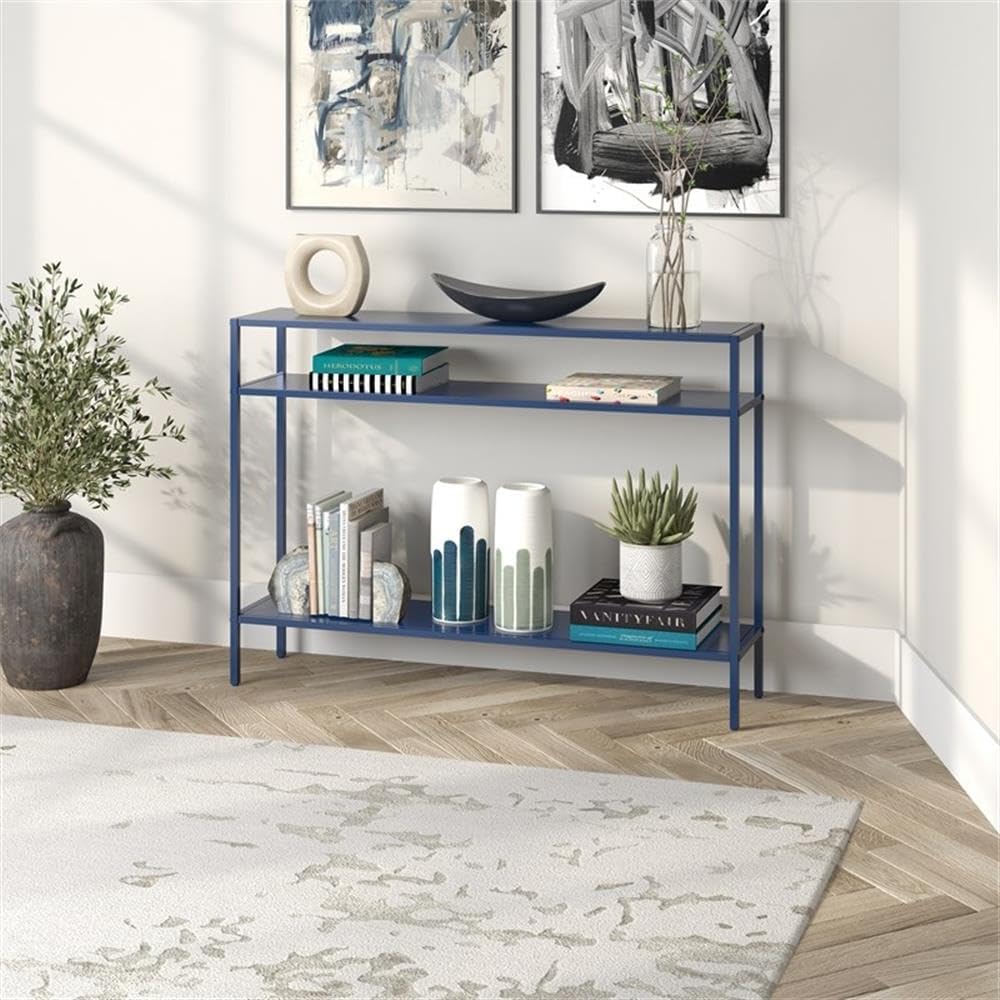 Henn&Hart 42" Modern Metal Rectangular Console Table Entryway Table, Sofa Table with Open Display Shelves for Entryway, Living Room, Couch, Hallway, or Office, Grecian Blue