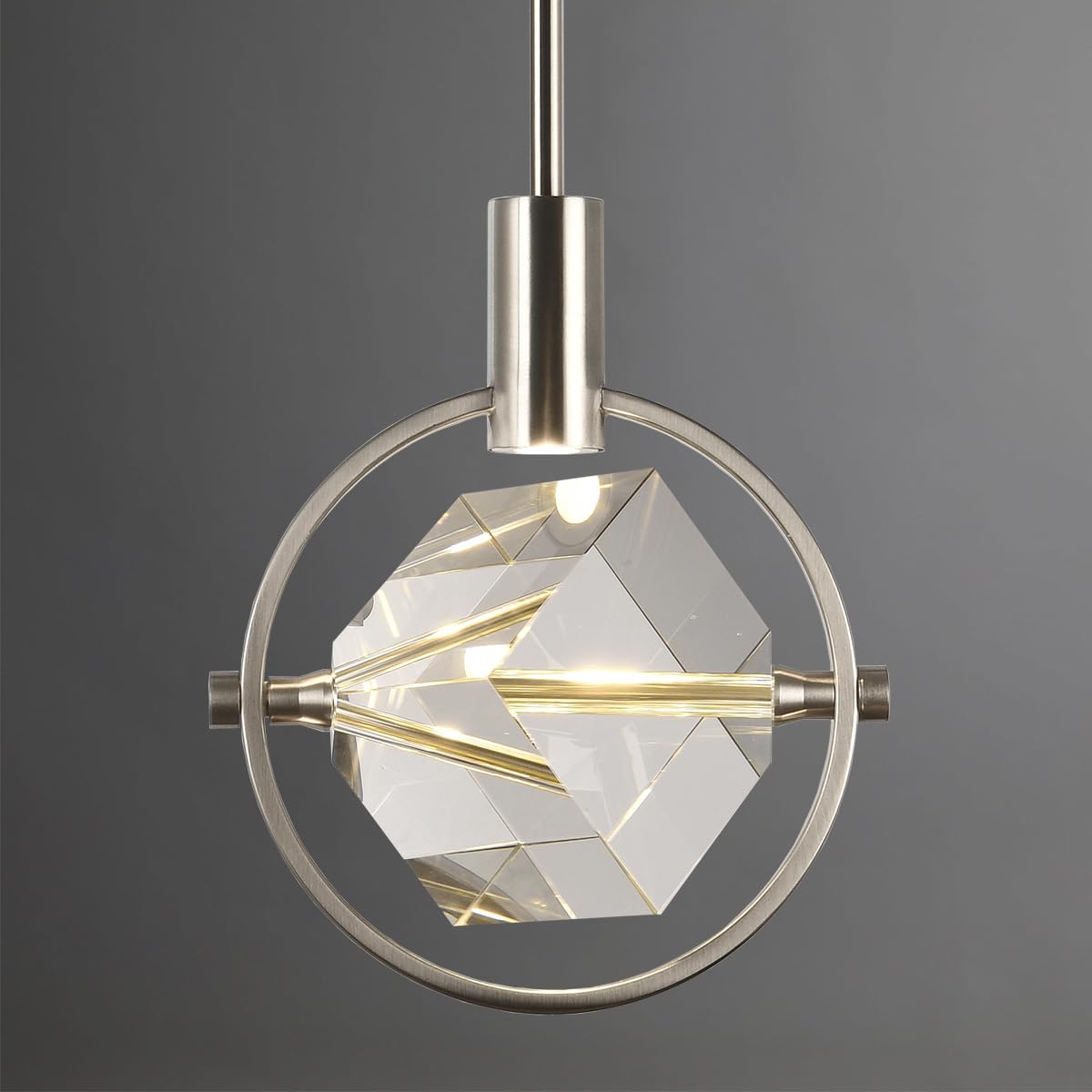 Camastar Cube Crystal Pendant Light Fixture, Modern Small Pendant Lighting for Kitchen Island, Dimmable Brushed Nickel Pendant Chandelier Hanging