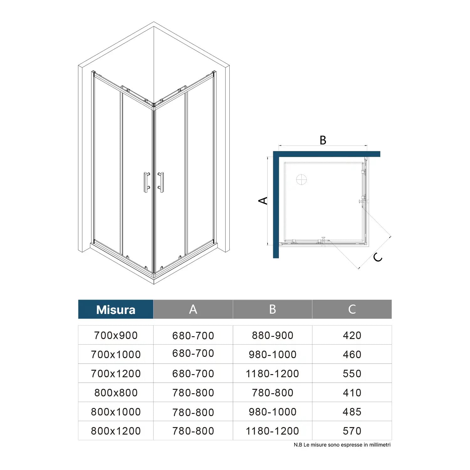 Box doccia 70x100 angolare scorrevole h190 vetro temperato trasparente 6mm trattamento anticalcare maniglia in acciaio inox 304 mod. Tenerife