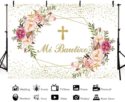 Miniatura 2 de AIBIIN Telón de fondo Mi Bautizo de 8 x 6 pies para niña, Dios bendiga el bautismo, fondo de fotografía con purpurina dorada, fondo de fotografía de