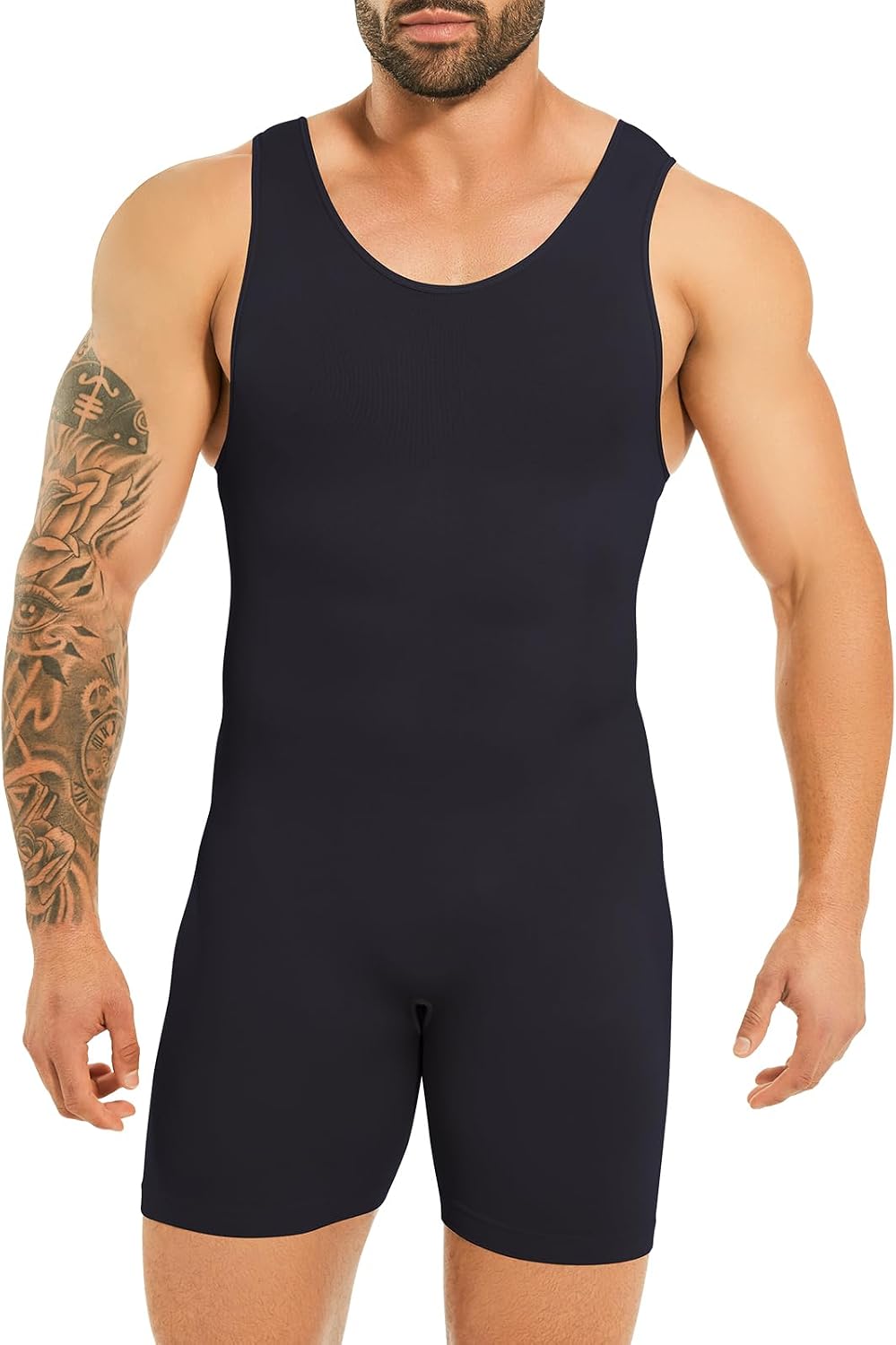 Men's Shapewear Bodysuit Full Body Shaper Seamless Abdominal Path Compression Shirt Body Shaper Undershirt with Leg Shorts
