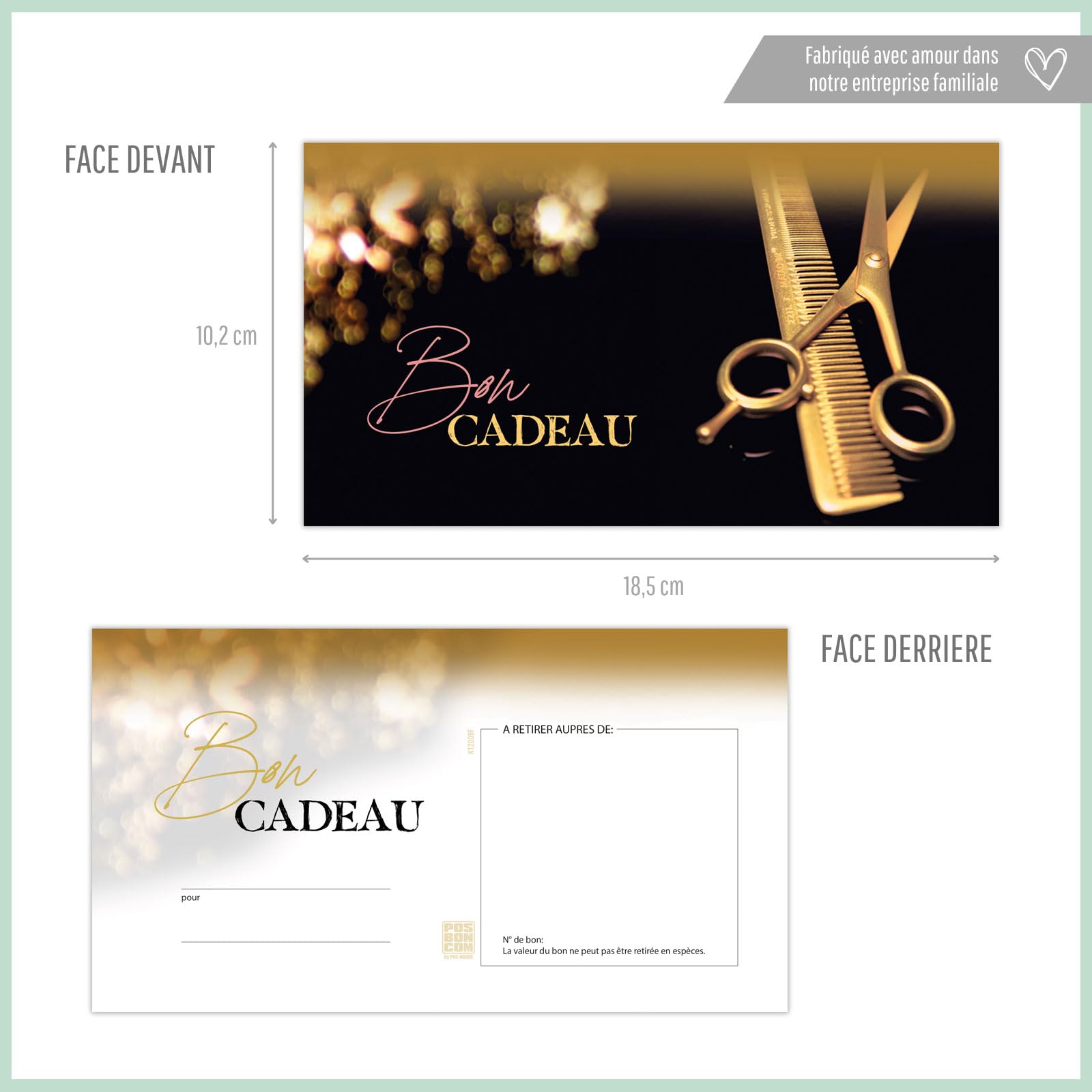 POS BON - 100 bons cadeaux à remplir avec enveloppe/nœud ruban - formulaires imprimés pour des salons de coiffure K12009F-2-100-V1