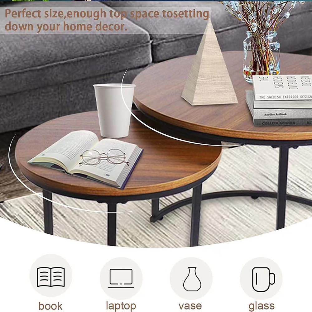 BAKAJI Set 2 Tavolini da salotto ad Incastro, Forma Rotonda con Struttura in Metallo Nero e Piano in legno Noce, Tavoli da Caffè Salvaspazio Design Industrial, Soggiorno, Casa, Ufficio (Design 2)