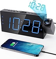 Vista 1 de OnLyee Reloj despertador de proyección para dormitorio, LED digital en techo y pared con carga USB para teléfono, respaldo de batería, proyector