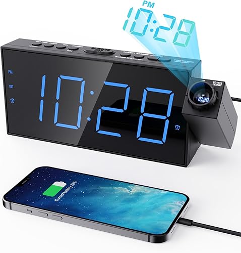 OnLyee Reloj despertador de proyección para dormitorio, LED digital en techo y pared con carga USB para teléfono, respaldo de batería, proyector