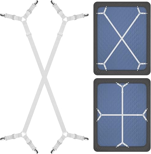ZHOUBIN Correas de sábanas con clips para debajo del colchón para mantener las sábanas en su lugar, color blanco, juego de 2