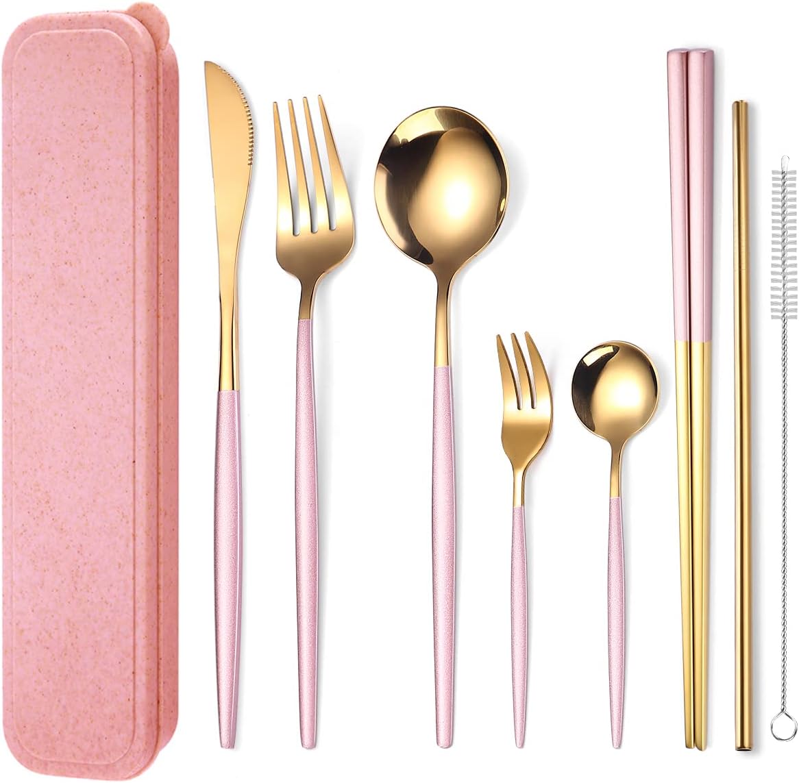 AARAINBOW 8-Piece Stainless Steel Travel Cutlery Set with Case - Reusable Flatware, Chopsticks, Straws, Dishwasher Safe (Pink Golden)