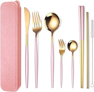 AARAINBOW 8 Pieces Stainless Steel Flatware Set Portable Reusable Cutlery Set Travel Utensils Set Including Chopsticks Kni...