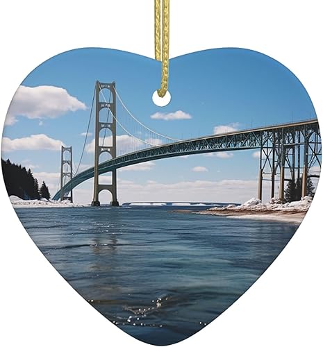 Miniatura 8 de Adornos de cerámica para árbol de Navidad, diseño de puente colgante de Mackinac, adornos de cerámica de corazón, decoraciones divertidas de