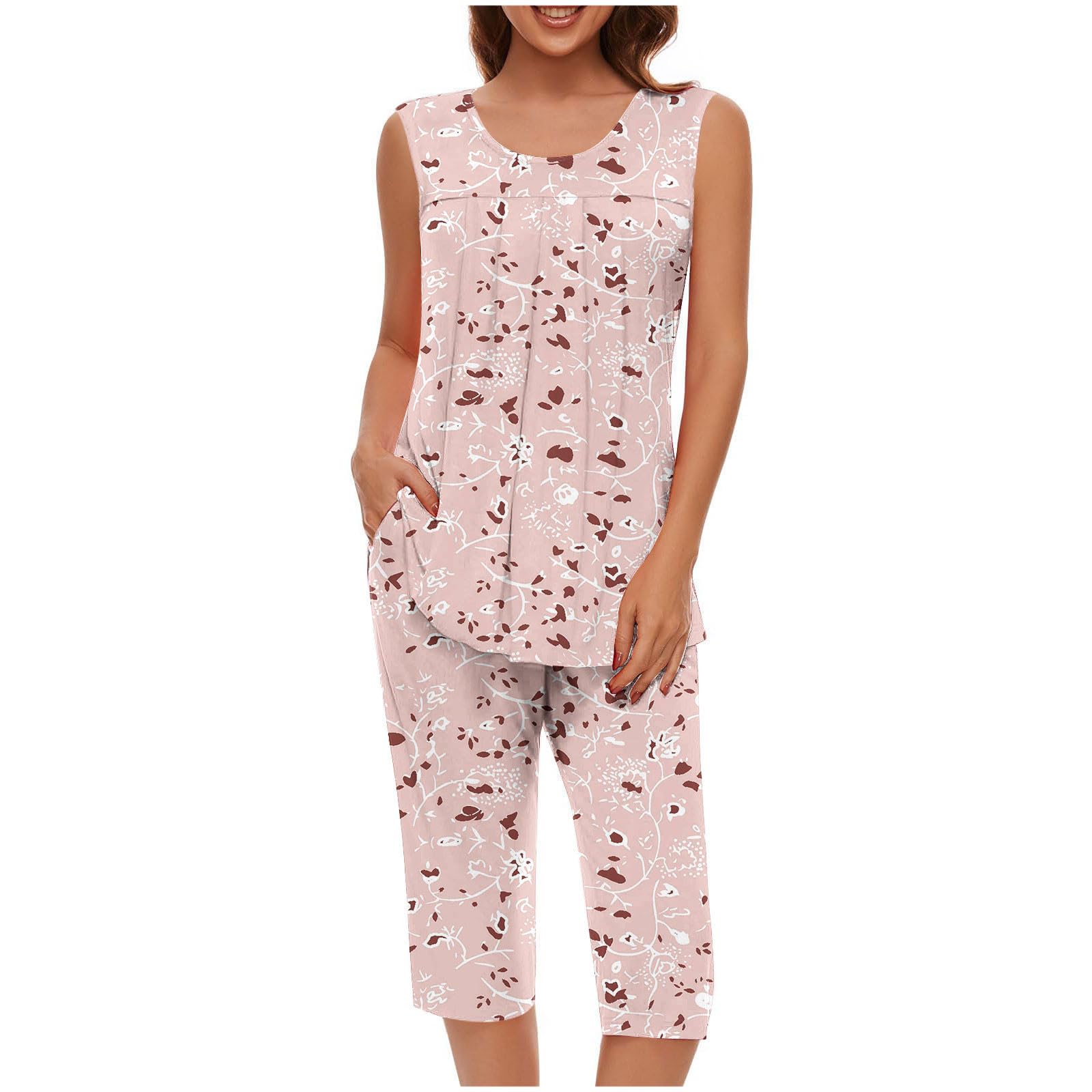 Pajama Sets for Women Summer Plus Size Lounge Sleepwear Loose Sleeveless Tops Printed Bermuda Shorts with Pockets — view 18