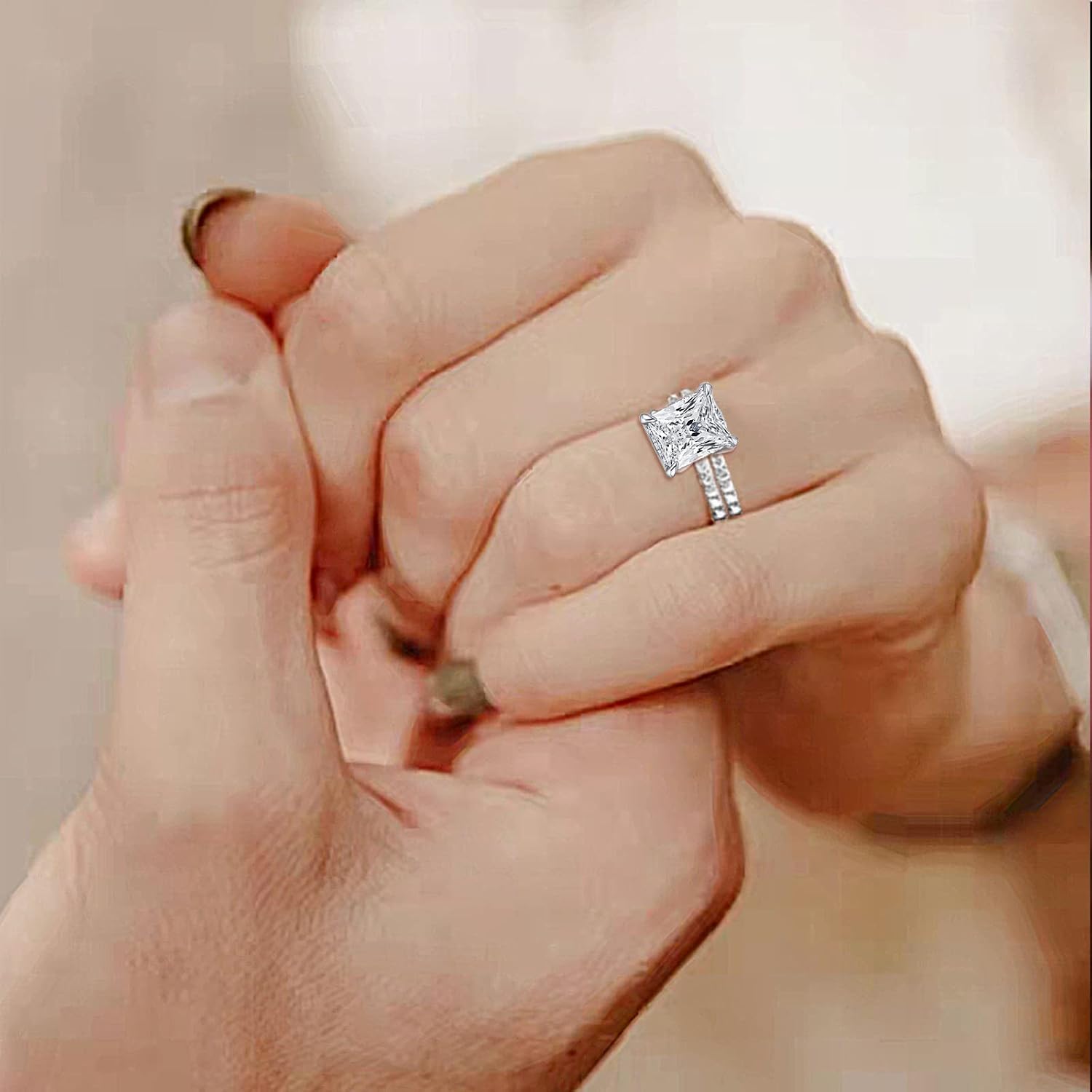 2 CT Radiant Cut Engagement Travel Rings Set for Women 18K White Gold Plated Fake Wedding Ring Band Promise Rings for Her, Cubic Zicornia Ring 2 PCS, Size 4-11
