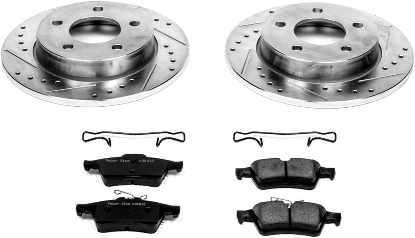 Power Stop K123 Rear Z23 Carbon Fiber Brake Pads with Drilled & Slotted Brake Rotors Kit For Mazda 3 2006-2013 [Model Specific]