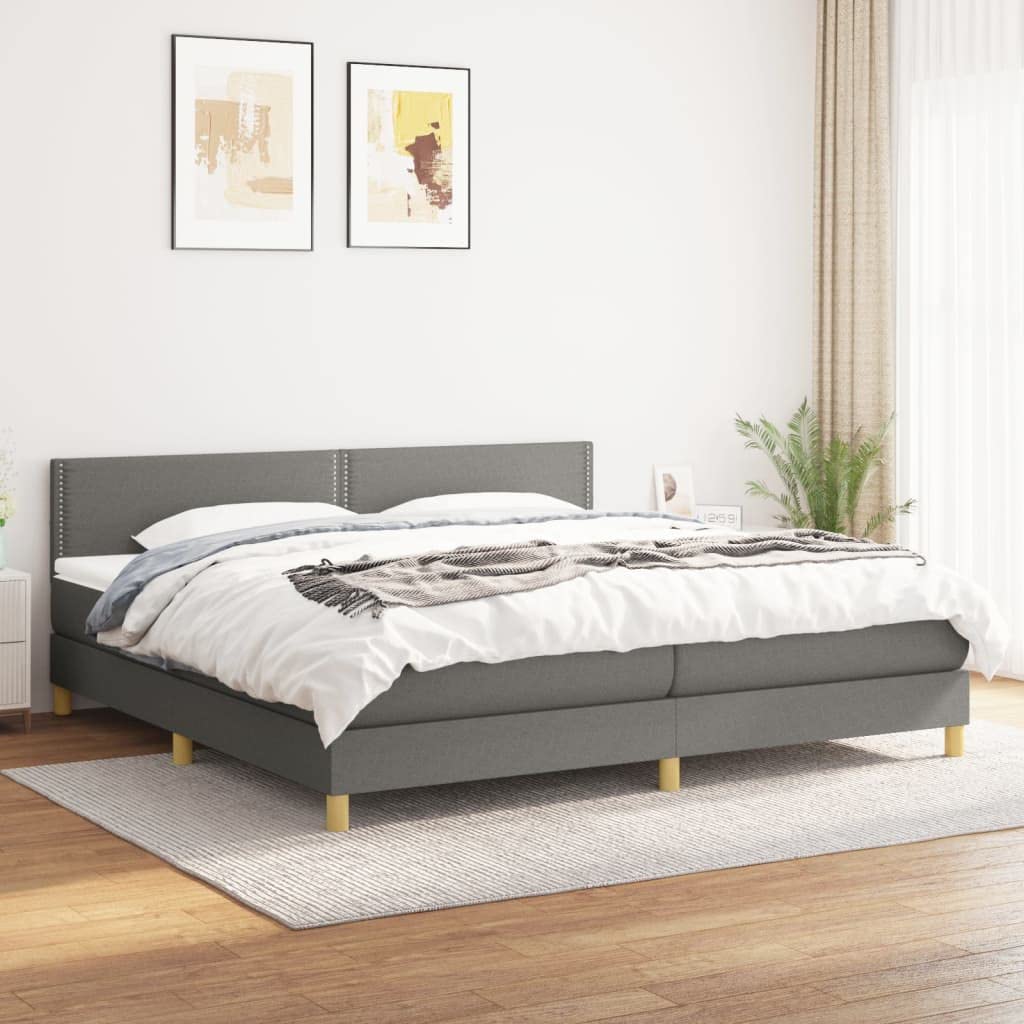 Łóżko kontynentalne z materacem ciemnoszarym 200 x 200 cm, z regulowanym zagłówkiem, materac ze sprężynami kieszeniowymi, w zestawie ochraniacz na materac, idealne do spania w sypialni