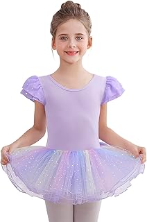 Comfyouth Ropa de ballet para niña, lentejuelas, tutú infantil, manga corta, vestido de ballet, de algodón, con falda tutú de colores