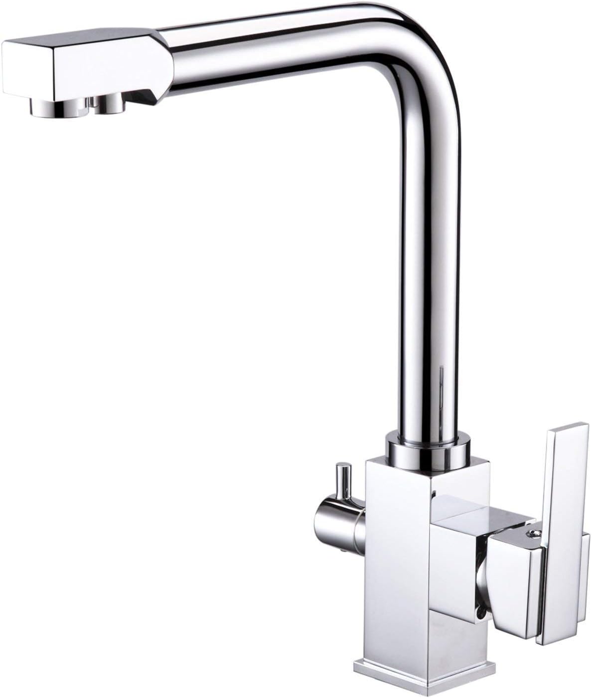 3 Way Kitchen Mixer Tap with Drinking Water Filtered Tap, Dual Lever Water Sink Tap Chrome Square Base Filter Taps for Kitchen Sink Drinking Water Cold and Hot Water Mixer Kitchen Tap