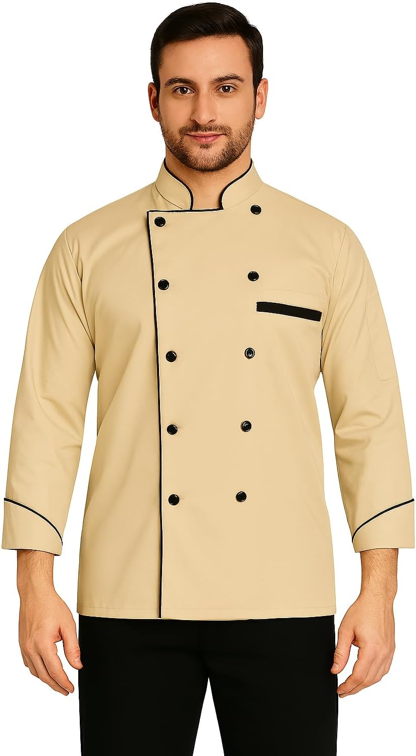 Men’s Double-Breasted Chef Coat – Multi-Color Trim with Mandarin Collar & Long Sleeves | Professional Kitchen Uniform