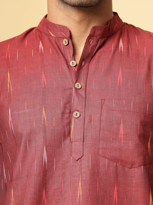 Image of Vastraa Fusion Men's Handloom Weaving Pure Cotton Short Kurta, Round Collar, Full Sleeves,Button Kurta, Ethnic Wear