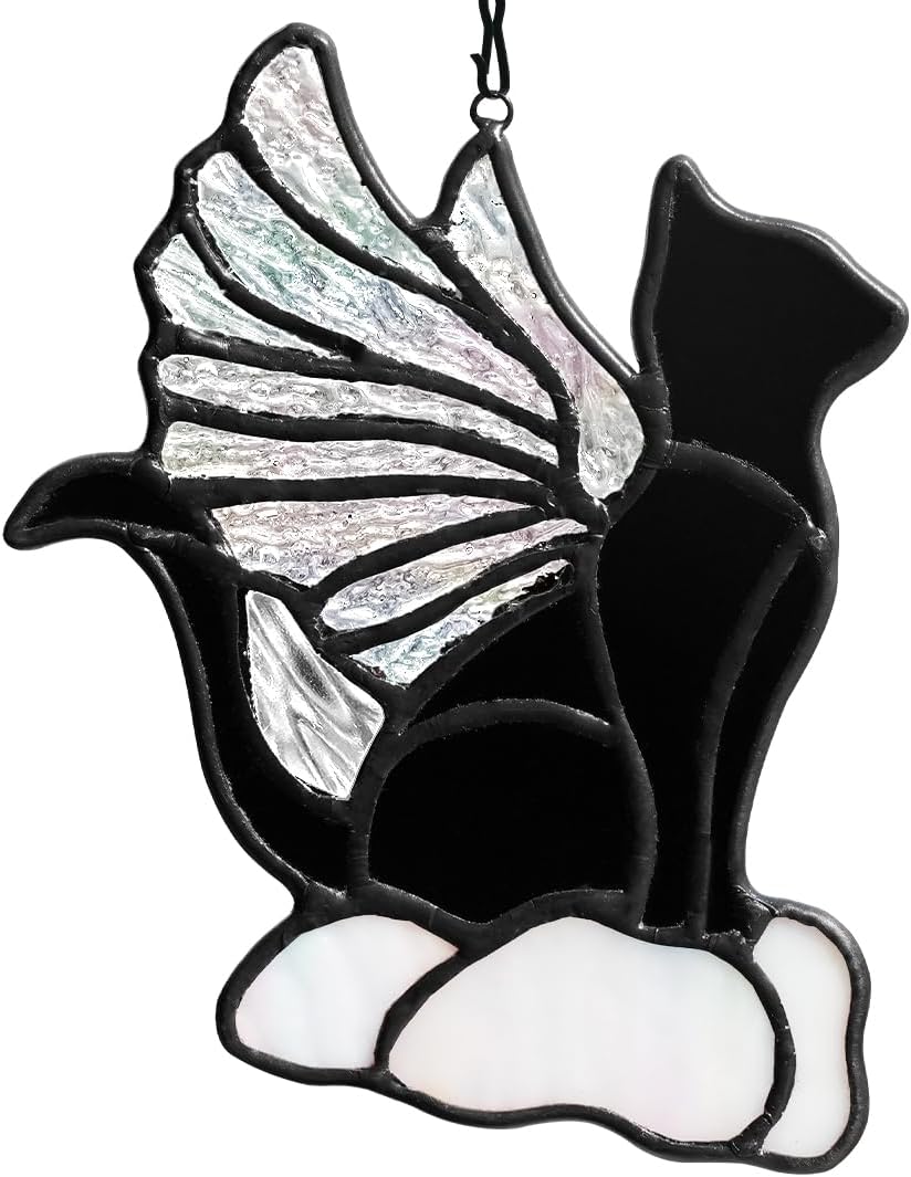 Stained Glass Black Cat Suncatcher Decor,Iridescent Angel Wing Cat Loss Sympathy Gift for Women,Stained Glass Window Hangings,Pet Memorial Gifts Remembrance Gifts