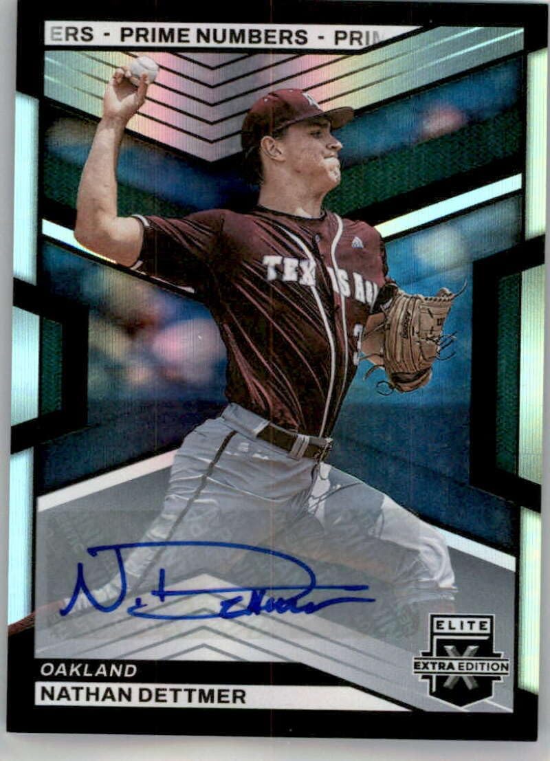 2023 Panini Elite Extra Edition Signatures Prime Numbers C #117 Nathan Dettmer Auto Autograph SER/9 Oakland A's Official Pre MLB Rookie Prospect Baseball Card in Raw (NM or Better) Condition