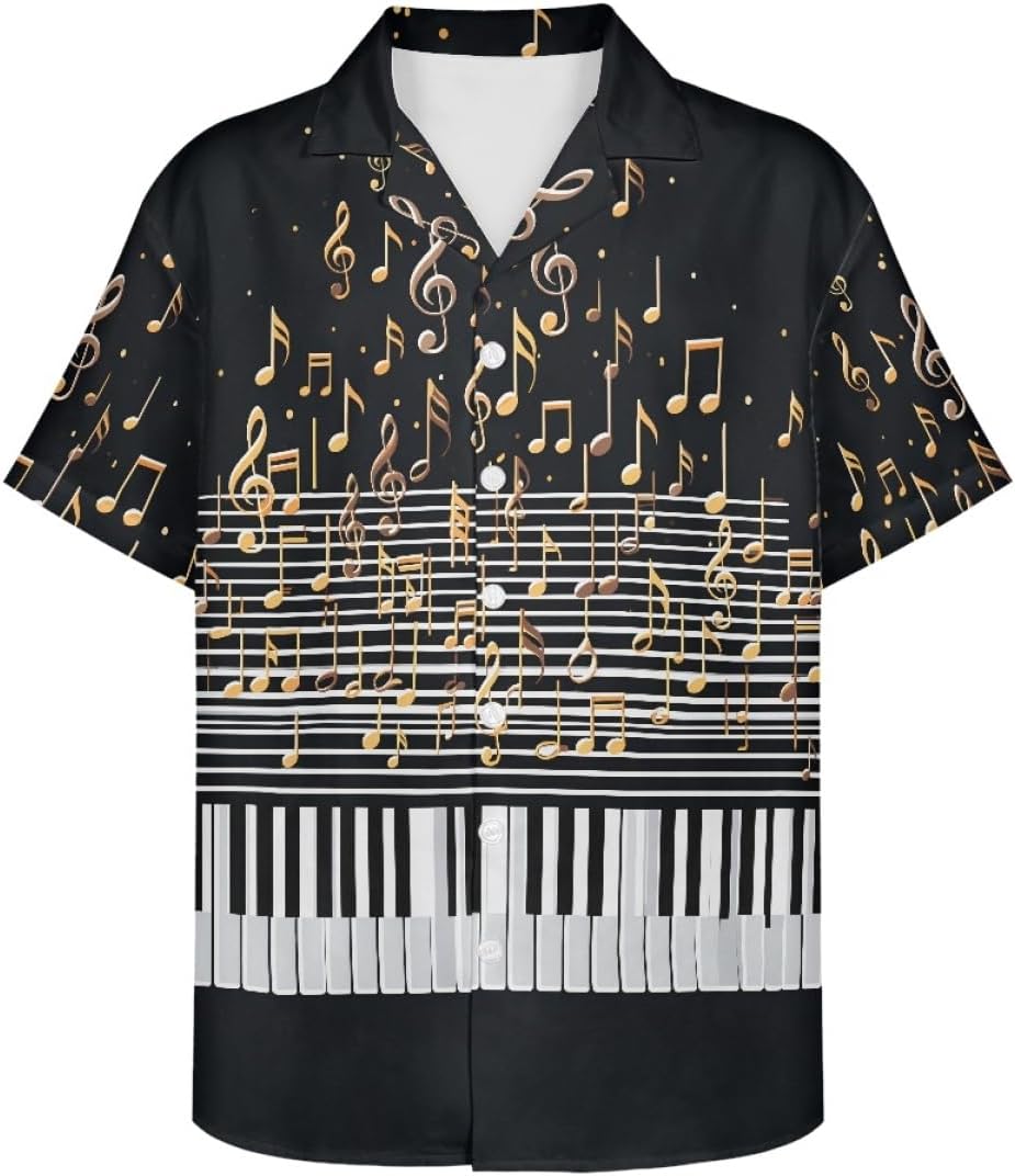 GLUDEAR Mens Novelty Music Notes Art Print Short Sleeve Hawaiian Slim Fit Button Down Shirts