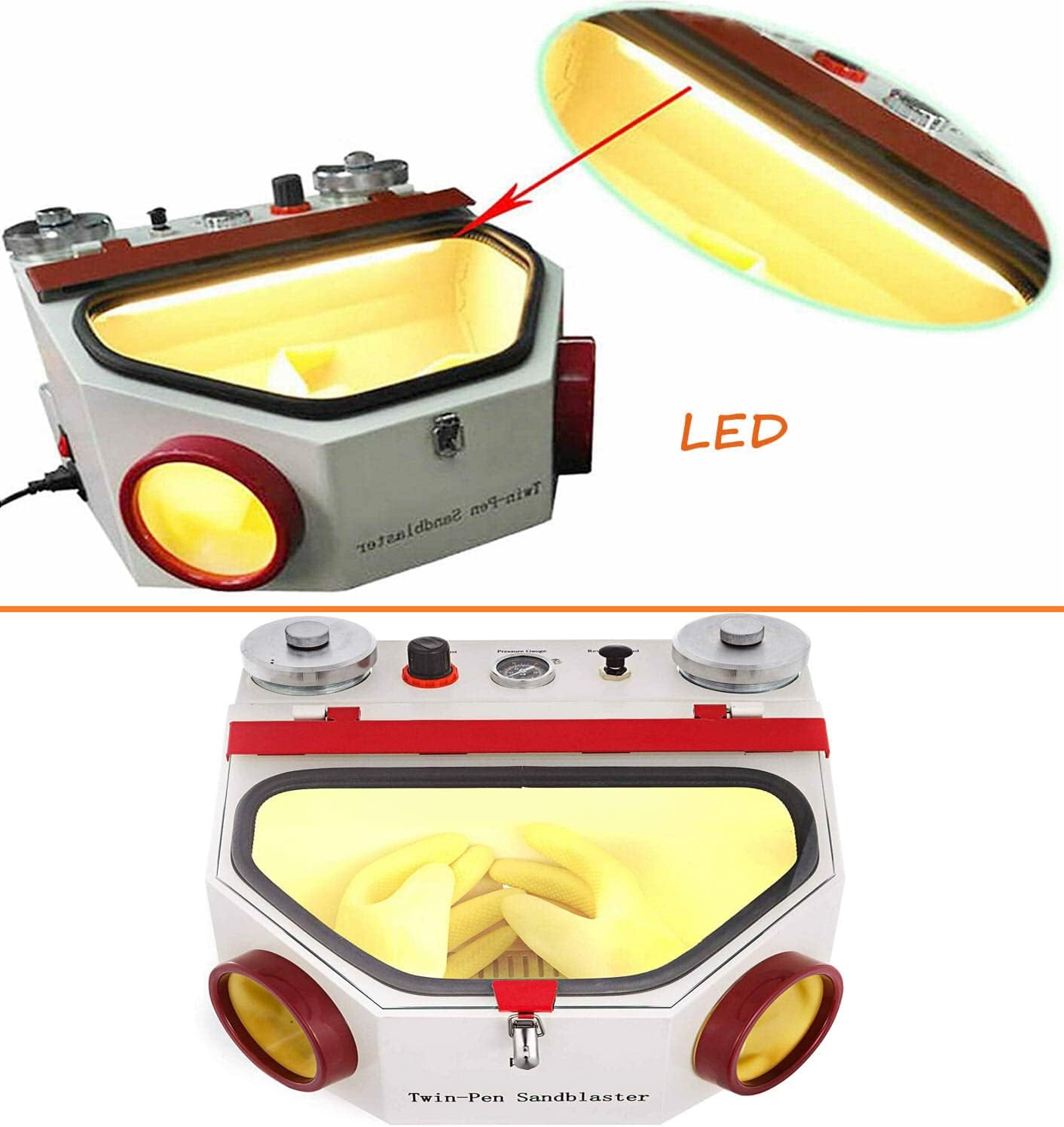 BONEW-Oral Double-Pen Fine Sand Blasting Machine Dental Lab Sandblaster Large View Window Sandblaster Unit with LED Lamp with 2 Pen + 2 LED Light + 2 Metal Cups