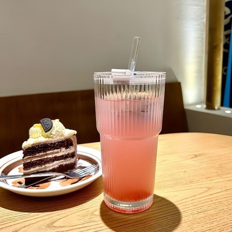 20oz Glass Cups with Lids and Straws,Glass Coffee Cups,Iced Coffee Cups with Lids, Smoothie Cup,Tumbler for Whiskey,Cocktail,Juice,Tea,Latte, 2 PCS - Image 3