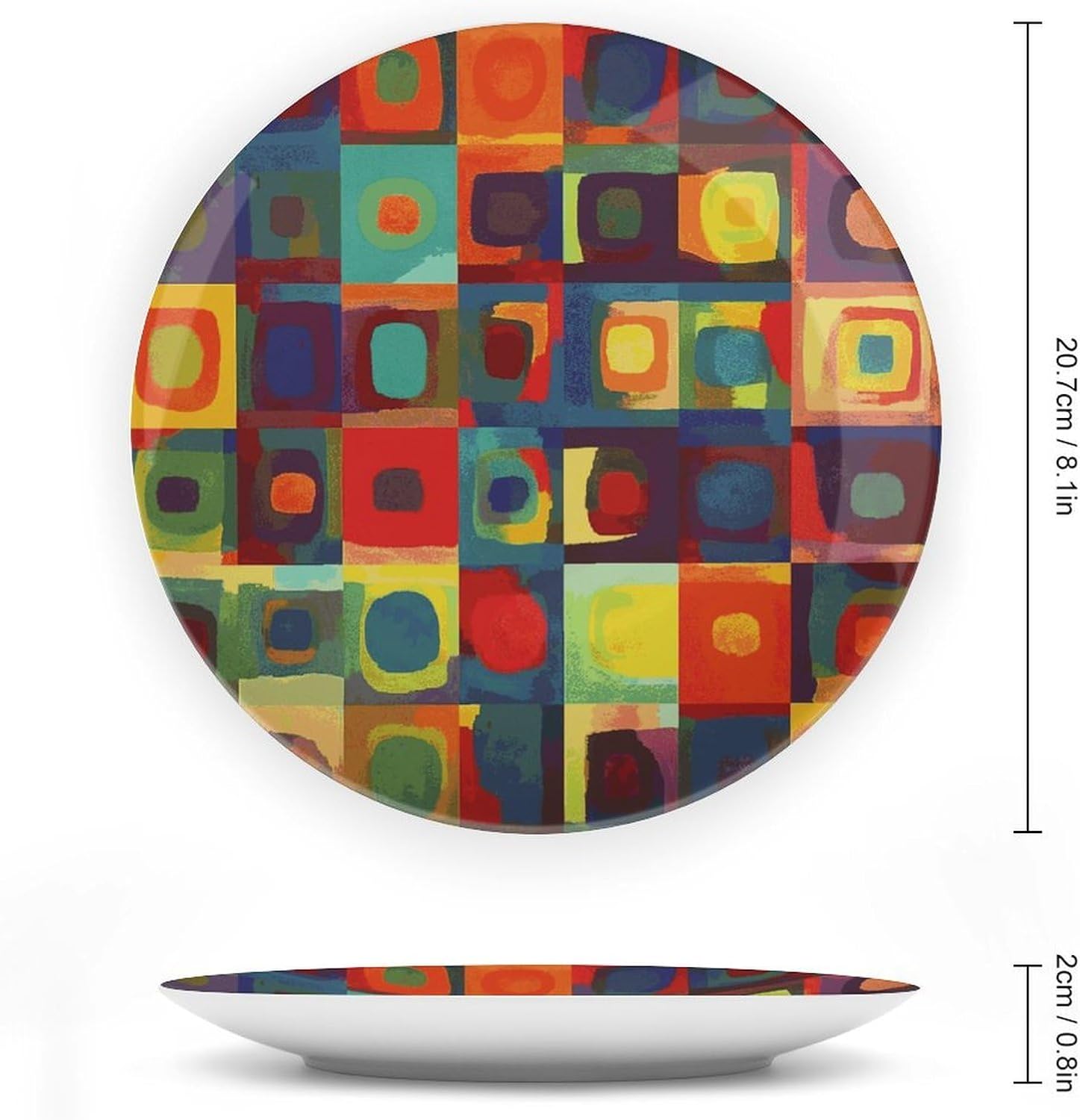 Abstract Art Squares Bone China Decorative Plate with Display Stand, Ceramic Ornaments Plate for Wall Hanging, Personalized Porcelain Plates for Office, Living Room 8inch