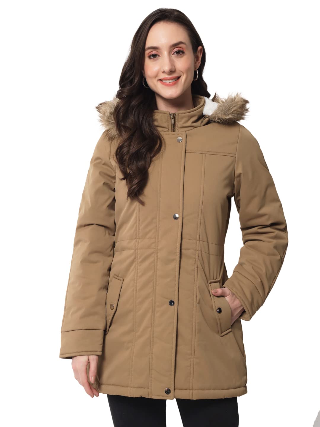 Trufit Women Khaki Full Sleeves Solid Cotton Jacket With Removable Hood_L